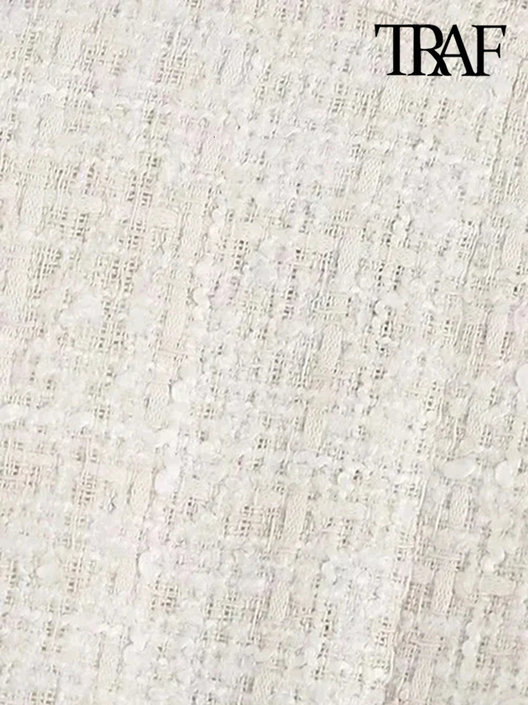 TRAF Women Fashion Tweed Double Breasted Blazer Coat Vintage Long Sleeve Flap Pockets Female Outerwear Chic Veste Femme 250208wtt