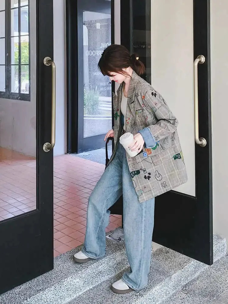 Grey checkered suit womens jacket spring/summer item double-layer corset collar loose casual graffiti print set 250207