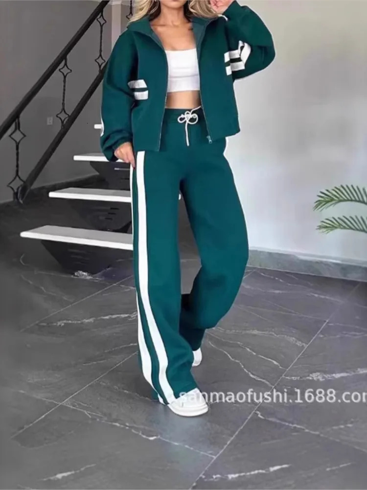 Striped Zipper Coatsweatpants Two Piece Set Women Casual Batwing Sleeve Sports Jacket Outfits Autumn Winter Sweatshirt Suit Y2K 250206