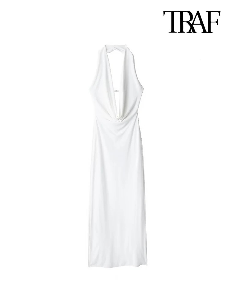TRAFWomens Draped Halter Neck Midi Dress Backless Back with Strap Party Female Dresses Sexy Fashion 250207