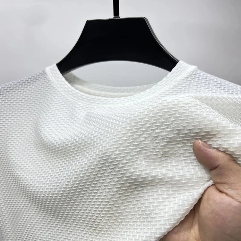 Mens Highquality Silk Hollow Short Sleeved Tshirt for Summer Fashion Leisure Breathable Cool Polo Shirt Top 250207