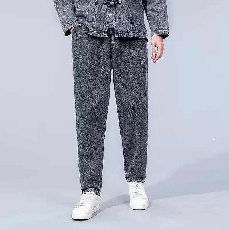 Chinese Style Stand Collar Washed Denim Set Men Chinoiserie Youth Casual Streetwear Tangzhuang Mens Jacket and Jeans 250207
