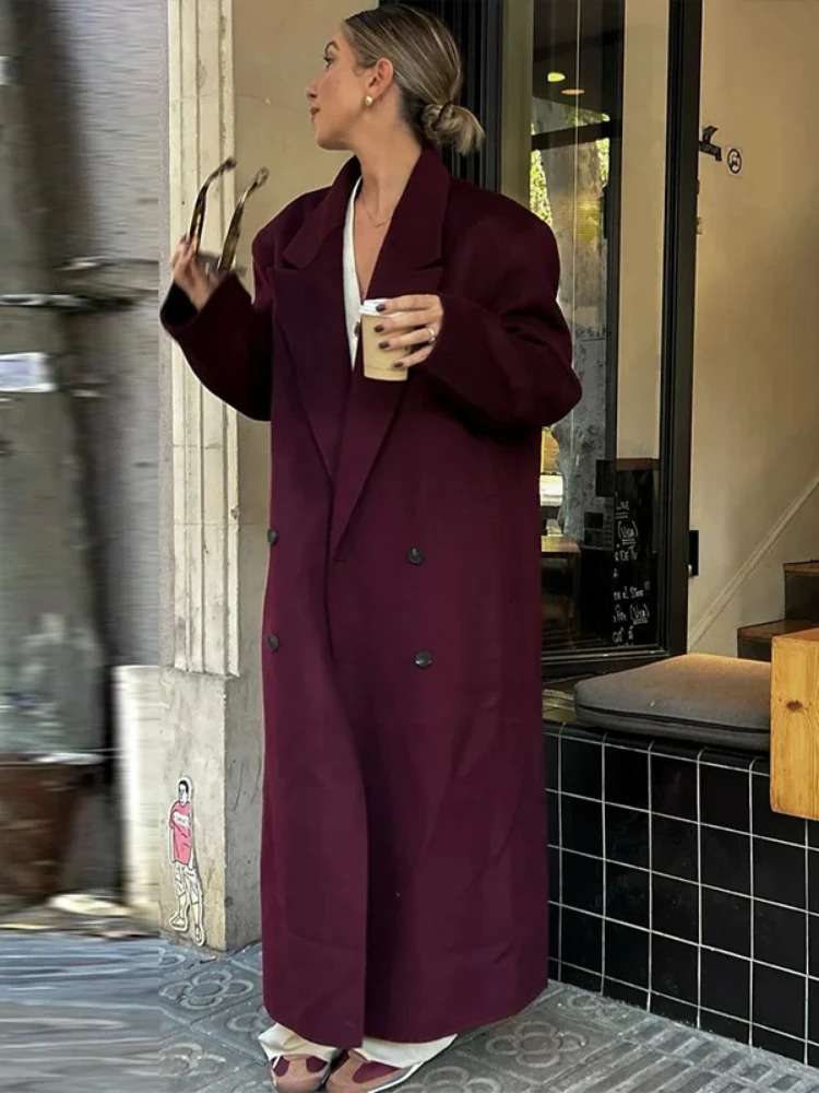 ZBZA Womens Laceup Long Coat Loose Lapel Doublebreasted Longsleeved Solid Oversize Windbreaker Fall Winter Overcoat 250109Z