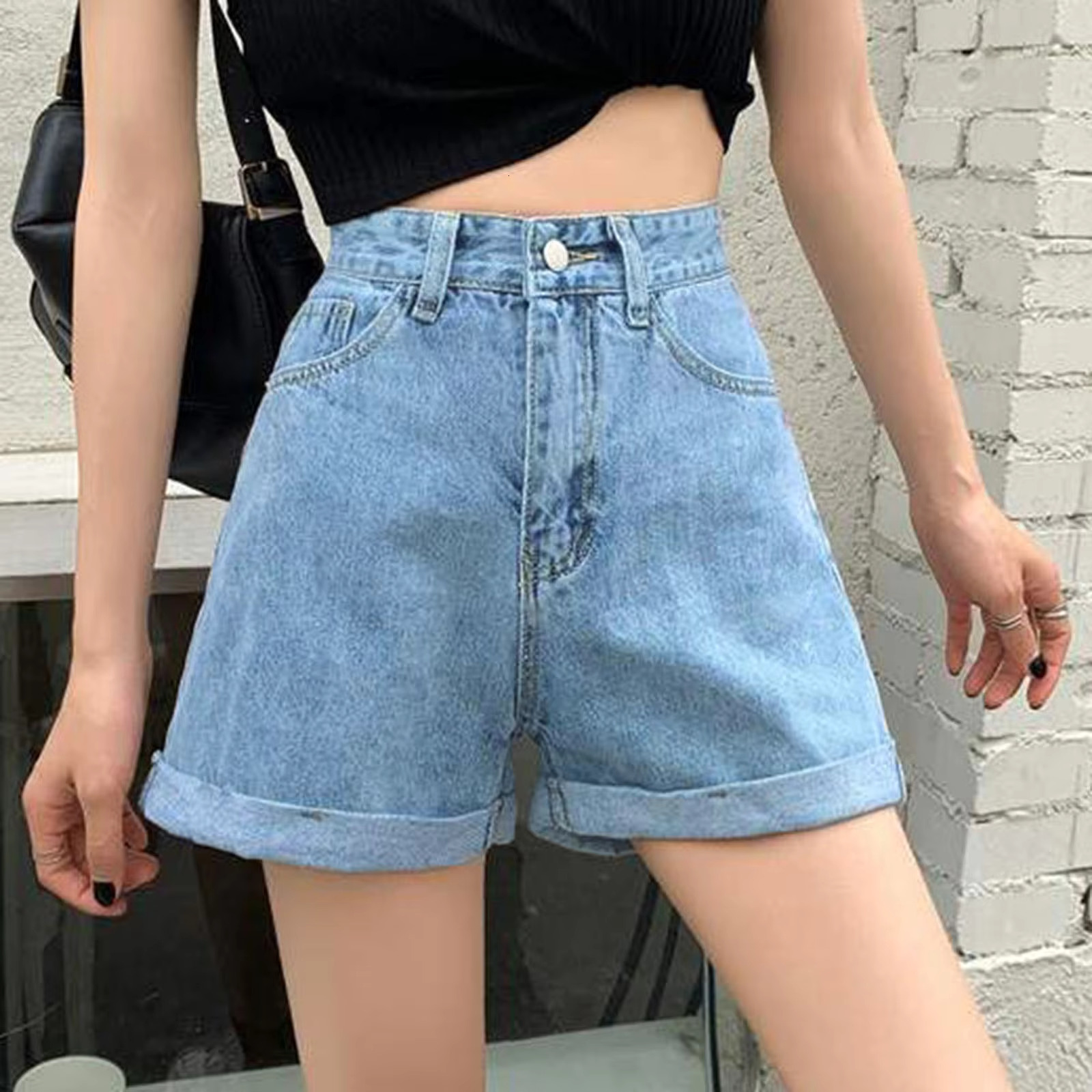 Chic Korean Style Minimalist Fashion High Waisted White Women's Designer Shorts Solid Color Full Matching Denim Shorts Long Pants Street Retro Co