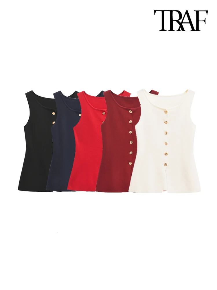 TRAFWomens Knitted Vest with Golden Buttons Sleeveless Sweater O Neck Chic Tops Female Waistcoat Fashion 250207