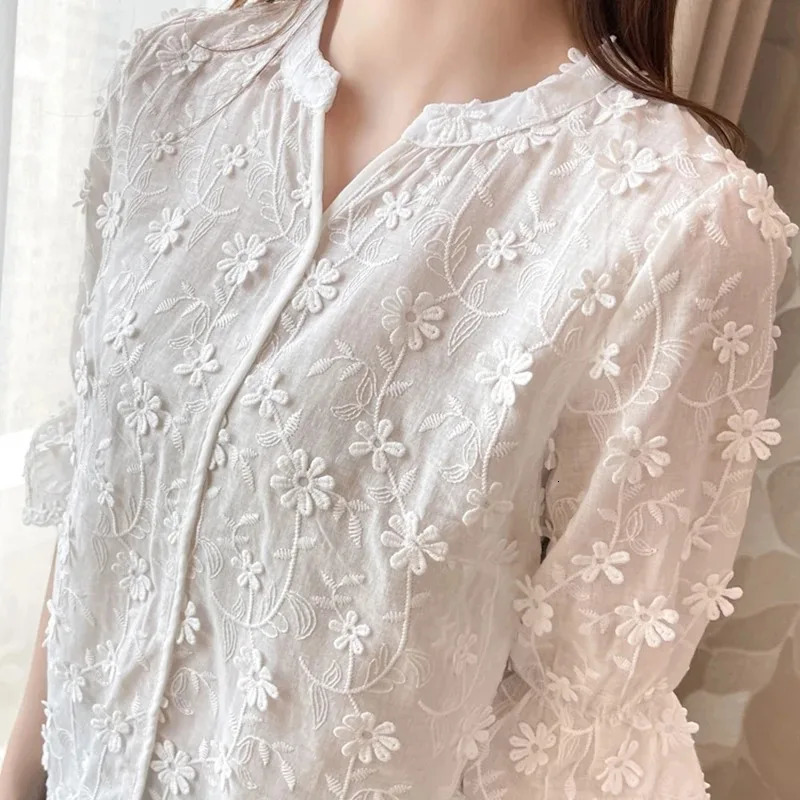 Womens Cotton Short Sleeve Lace Blouse Summer Tops Embroidery Floral White Shirt Fashion Casual Blouses 9638 250121