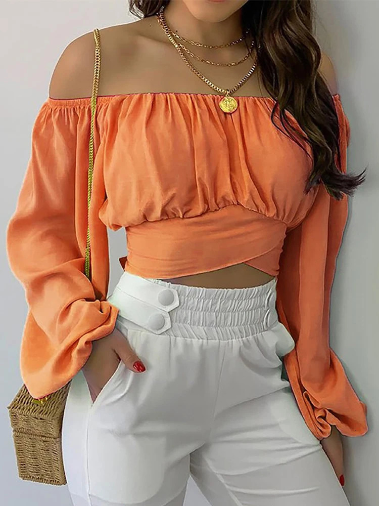 Womens Sexy Off Shoulder Blouse Chic and Elegant Printing Lantern Long Sleeve Lace Up Bow Cropped Tops Casual Slim Shirts 2024 250208Z