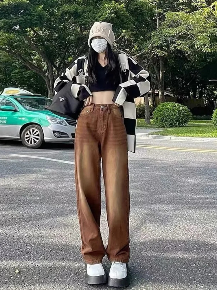 Feynzz European And American Retro Brown Jeans Womens Spring And Autumn High-waisted Straight-leg Loose And Thin Wide-leg Pants 250206
