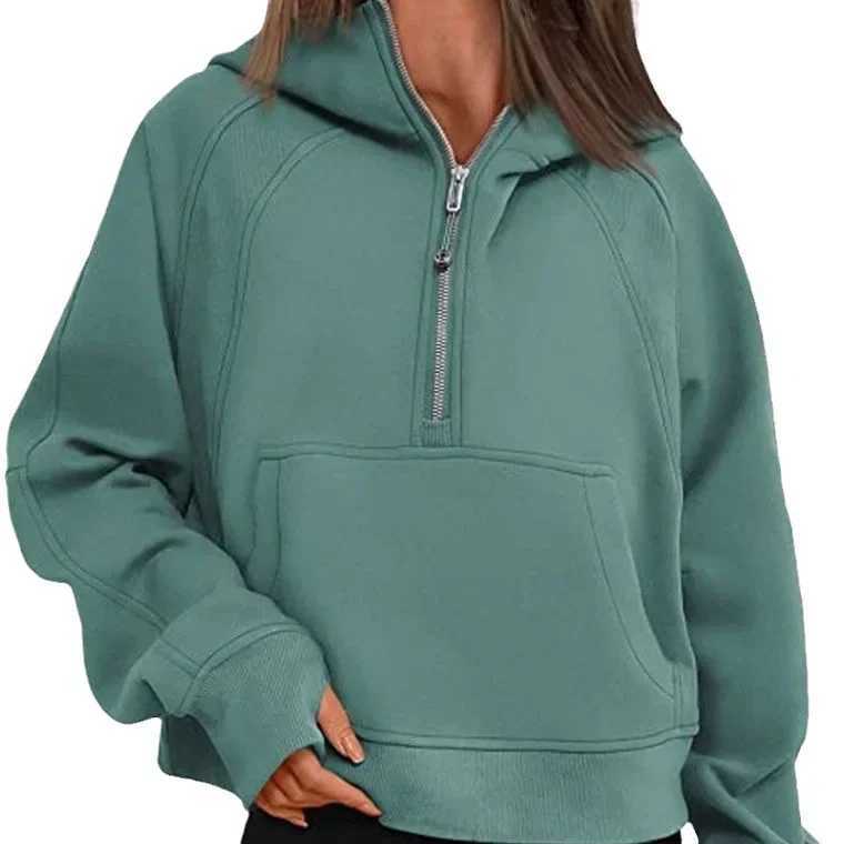 Autumn Winter Womens Yoga Suit Scuba Half-Zip Hooded Sweatshirt Loose Fit Cropped Fleece Lining Cap-Sleeve ThickenedT250207