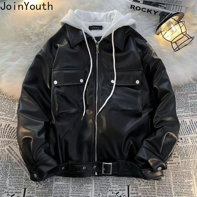 Street Clothing Hooded Leather Jacket Womens Clothing Splicing Work Leave Two Retro Jackets Harajuku Fashion Casual Y2k Jacket Top 250206