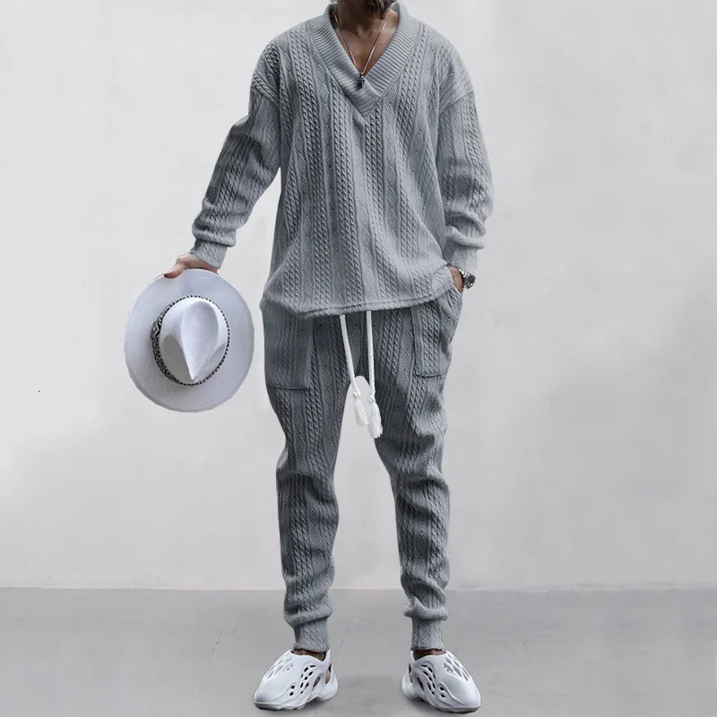 Male Beach Set Quick Dry Hawaiian Casual Pants V-neck All Matching Jacquard Knit Mens Suit Solid Color Long-Sleeved TopPants 250208