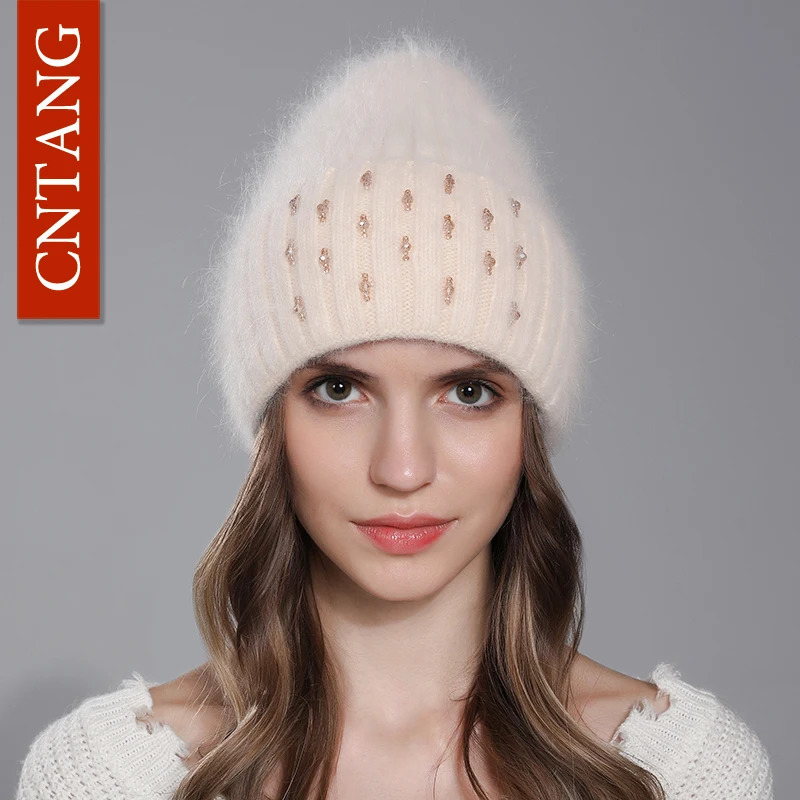 CNTANG Winter Hat For Women Warm Knitted Angora Rabbit Fur Beanies Fashion With Bead Hats Female High Quality Casual Cap 250207