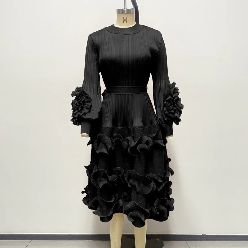 Miyake Pleated Style party Dress for Womens Spring and Autumn Round Neck Loose Slim Irregular Cake Skirt 250208