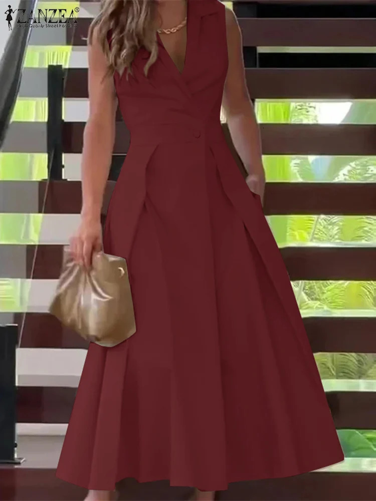 ZANZEA Stylish Solid OL Work Midi Dres Summer Dress Fashion V Neck Party Dresses Elegant Office Lady Sleeveless Sundress 250207