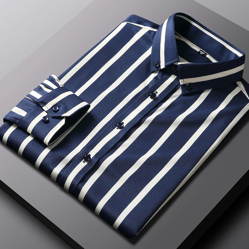 Mens business striped slightly elastic slim-fit fashionable casual comfortable handsome long-sleeved shirt classic formal wear 250207