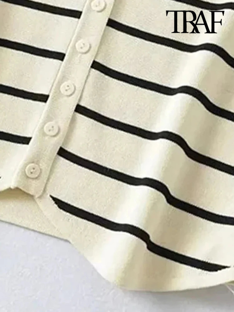 TRAF Women Fashion Front Button Striped Knit Vest Sweater Vintage V Neck Sleeveless Female Waistcoat Chic Tops 250207