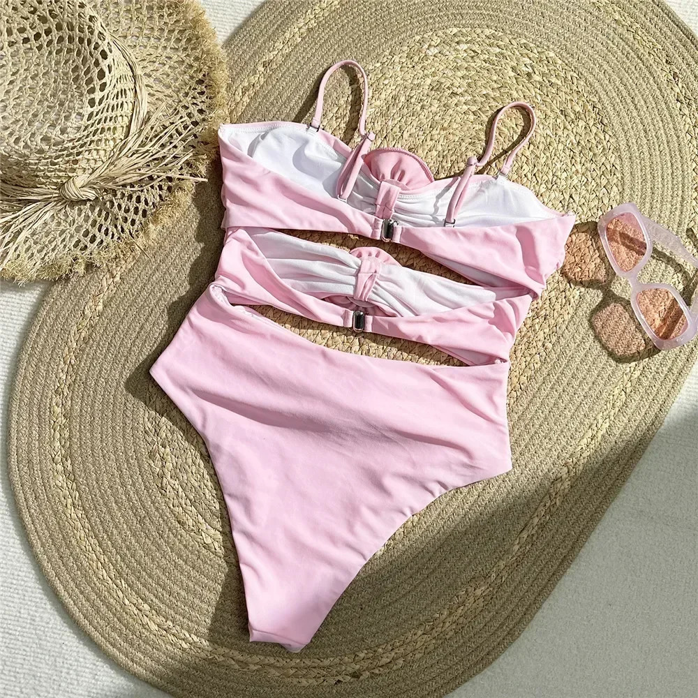 Sexy Pink 3D Flower Swimwear Woman One Piece Swimsuits Female Cut Out Monokini Bathing Suit Swimming Wear for Women Bathers 2025 250206