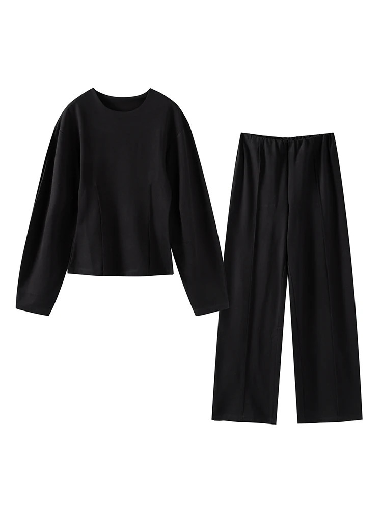 Casual Solid Top Pants Women Set Fashion Long Sleeve O-neck Pleated Tops Wide Leg Trousers Autumn Vacation Lady Suit 250207