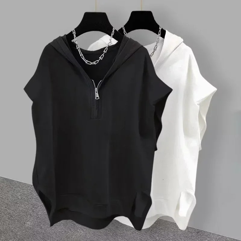 Summer mens zipper sleeveless hooded T-shirt Korean fashion vest Y2K street clothing casual vest hip-hop T-shirt 250207