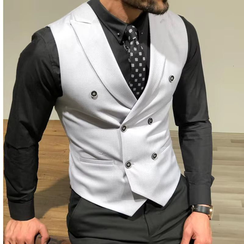 Sleeveless Men's Suit Vests With Double Breasted Slim Fit Groomsmen Waistcoat For Wedding Business Single One Piece Male Coat