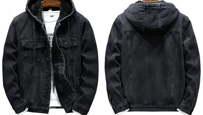 Men Denim Jacket Thick Coats Hooded Drawstring Single Breasted Coat Full Sleeve Casual Simple Pockets Jackets Autumn Winter 250207