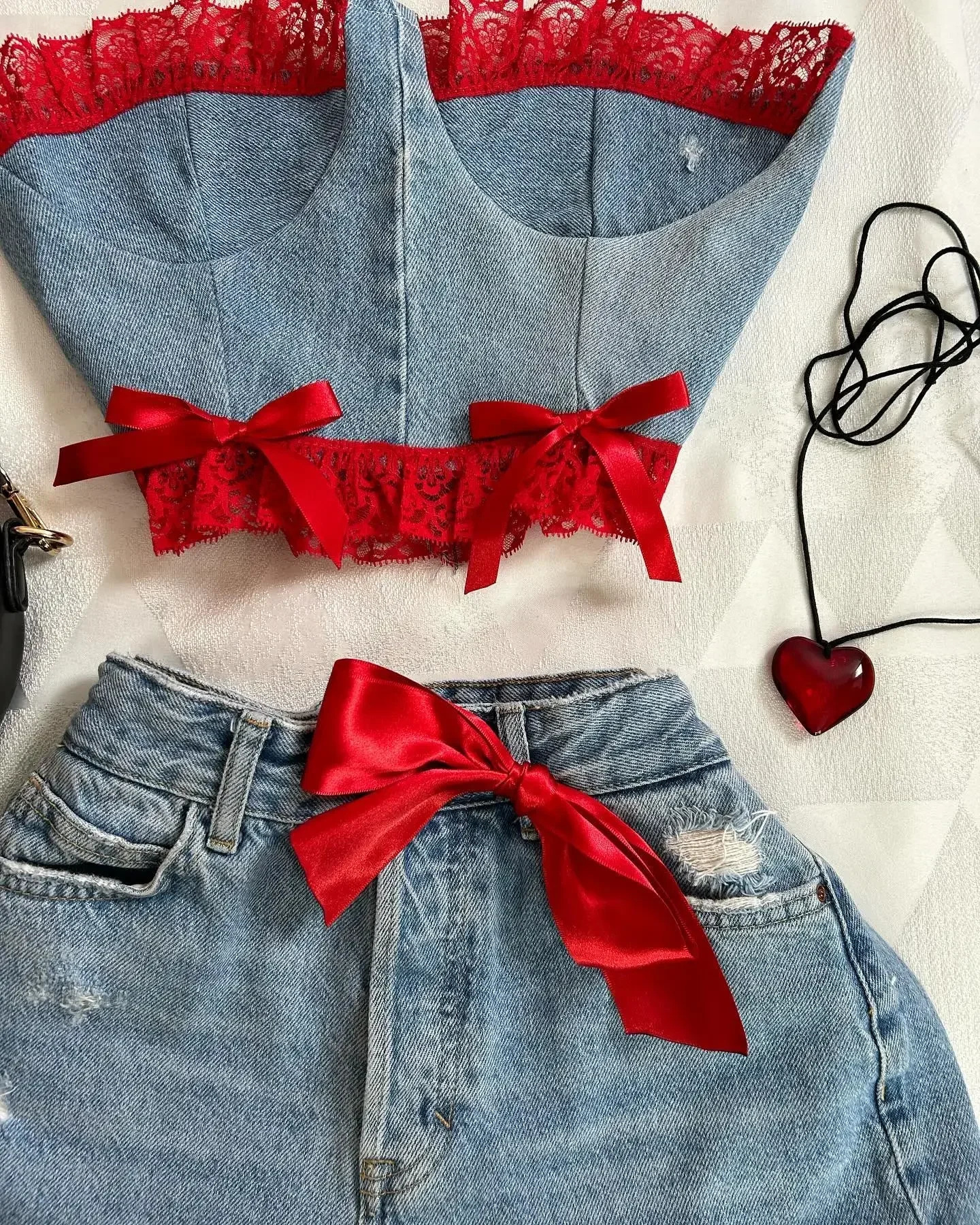 Harajuku Sexy Bow Slim Tube Y2K Fashion Outfits Denim Skirt Suit Tops Low Waist Mini Goth Kawaii Womens Clothing 250206
