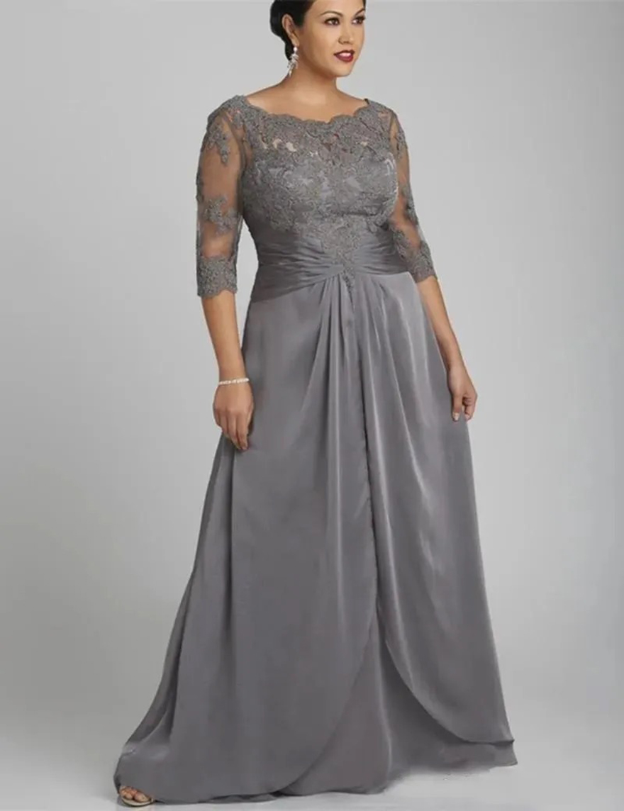 Scoop Neck Long Mother Of The Bride Dresses V-Back Lace Appliques Satin Plus Size A-Line Evening Formal Dress 3/4Long Sleeves Elegant Wedding Guest Go