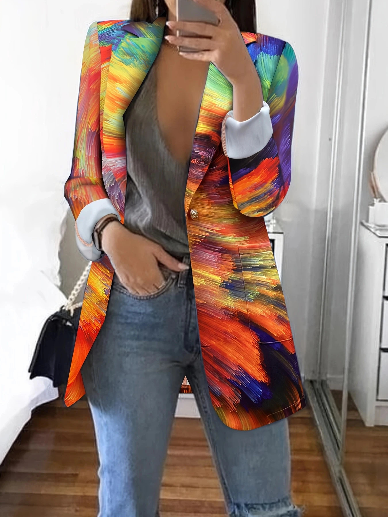 Womens Autumn and Winter Casual Fashion Long Sleeve Lapel Printed Pattern Pocket Commuting Suit Jacket 250207