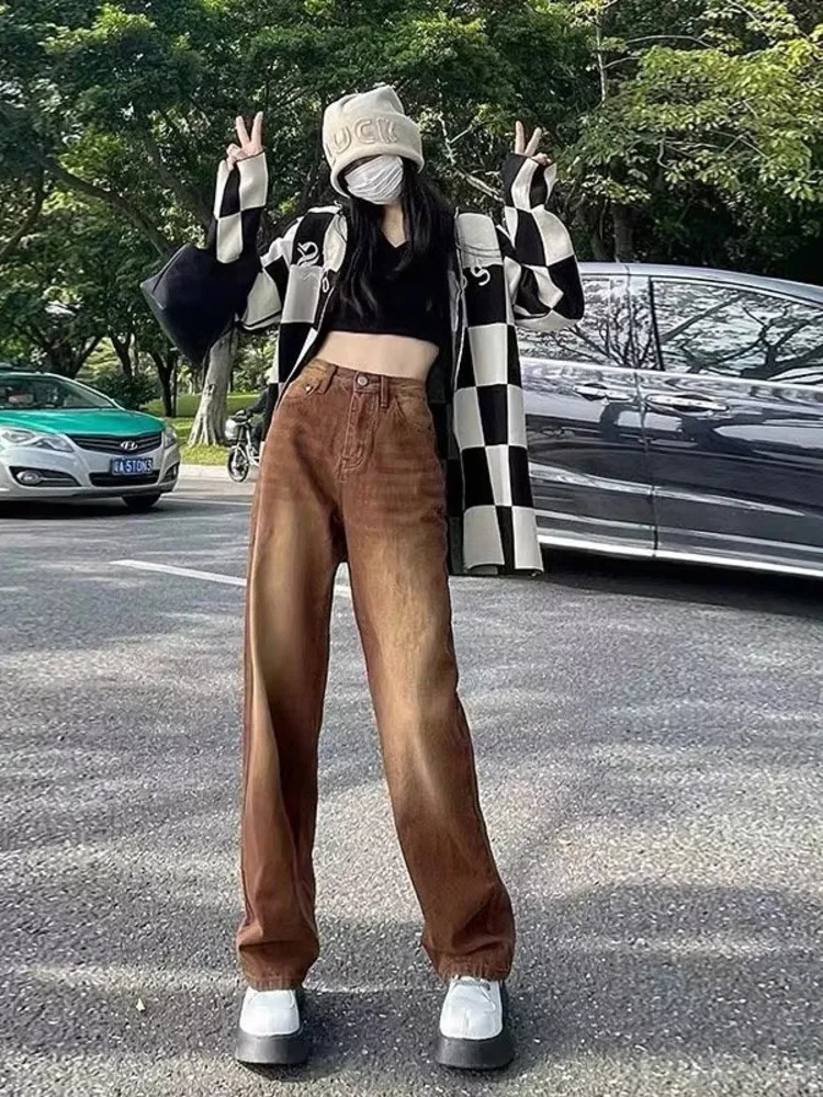 Feynzz European And American Retro Brown Jeans Womens Spring And Autumn High-waisted Straight-leg Loose And Thin Wide-leg Pants 250206