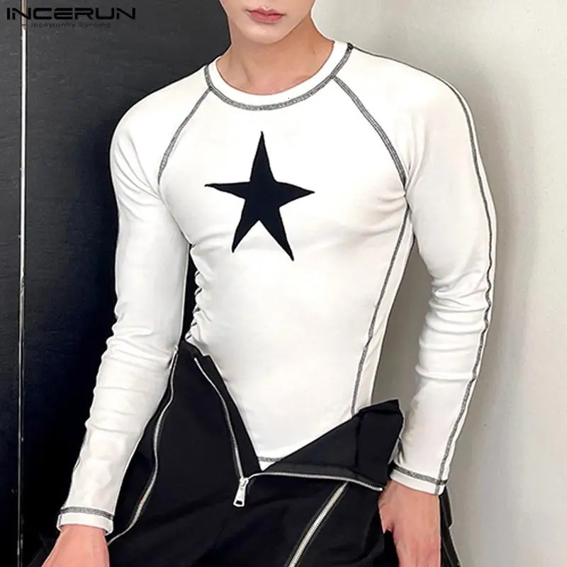 INCERUN Men T Shirt Printing O-neck Long Sleeve Streetwear Casual Men Clothing Autumn Fitness Korean Style Tee Tops S-5XL 250207