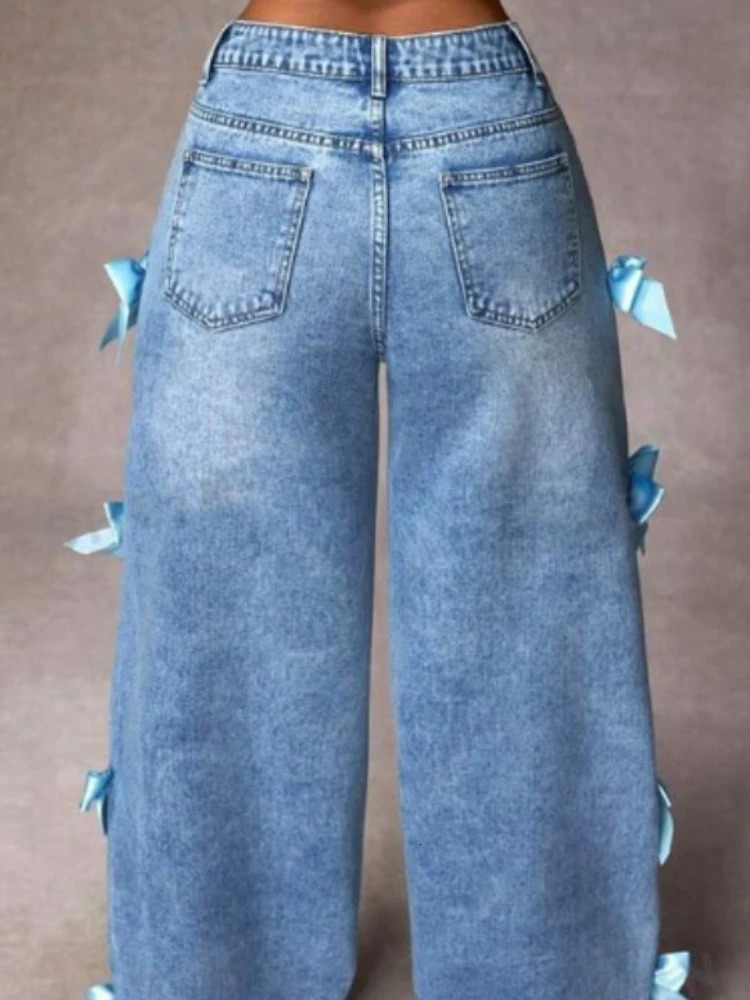 HOUZHOU Women Casual Bowknot Decor Jeans Y2k Blue Baggy Denim Trousers Loose Straight Sweet Coquette Aesthetic Washed Jeans 250206