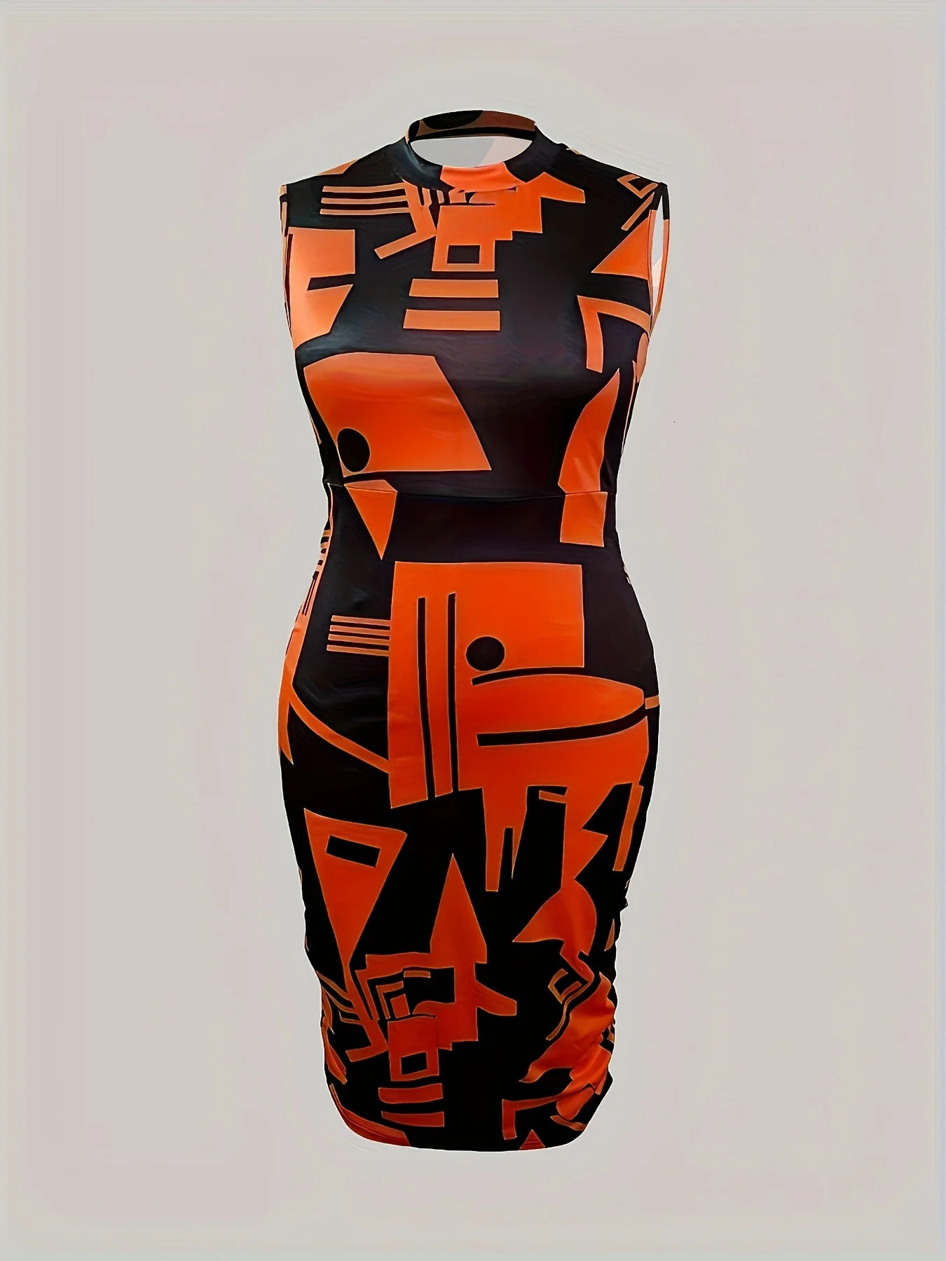 Plus Size Casual Tank Dress Geometric Print Mock Neck Medium Stretch Midi Slim Fit 250207