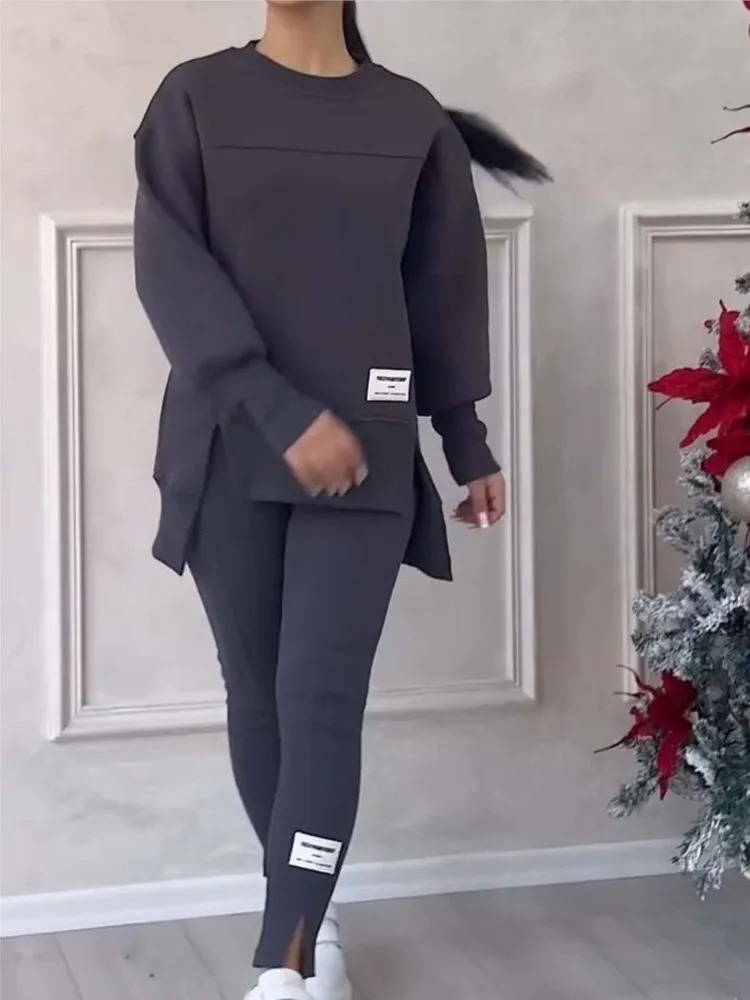 Womens Casual Sweatshirt Sports Set Autumn Winter Fashion Solid Loose Irregular Sweatshirt Top And Slim Trouser Two Piece Sets 250207