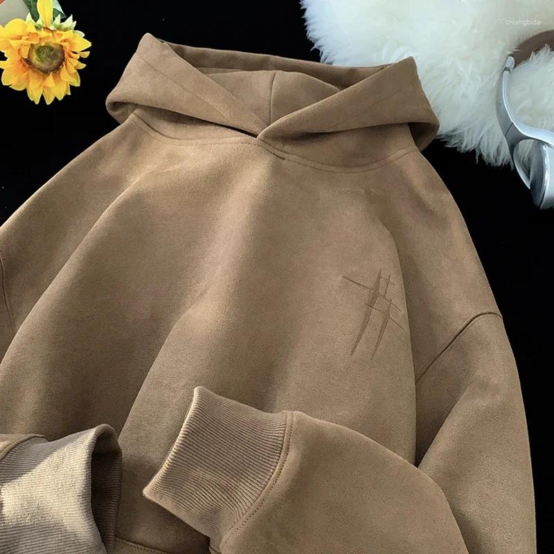 Mens Hoodies 2025 Streetwear Vintage Embroidered Suede Hooded Sweatshirt High Quality Hoodie Fashion Hip Hop Unisex Pullover Clothe