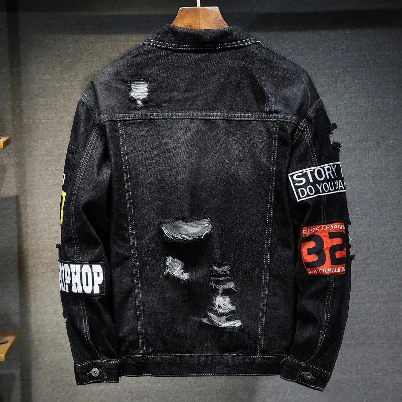 Mens Denim Jacket Streetwear Punk Motorcycle Ripped Print Cowboy Coats High Quality Casual Hole Loose Male Jeans Outwear 250208Z
