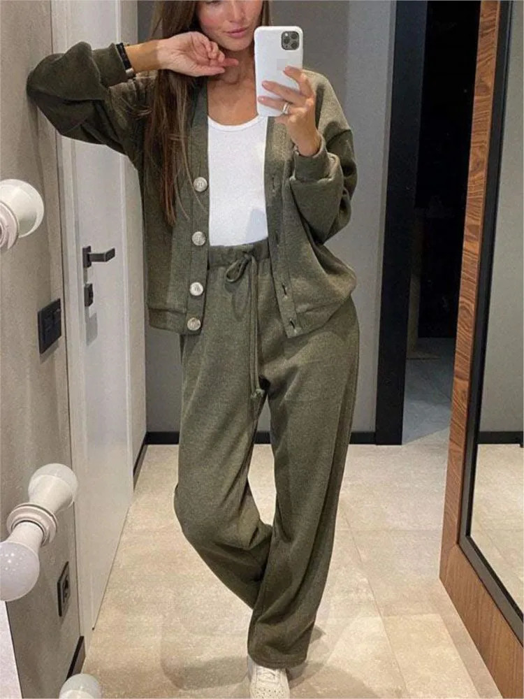 Autumn Winter Womens Clothing Fashion Single Breasted Casual Sports Suit Cardigan Top Lace Up Pants Two-piece Set Women 250207