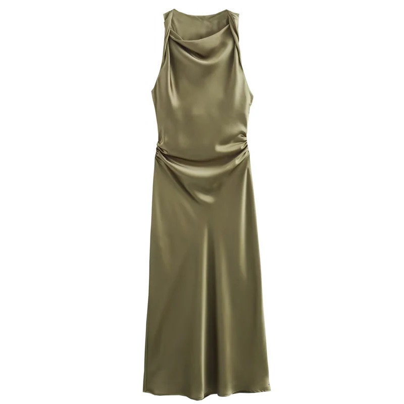 HXAO Womens Satin Long Dress Summer Midi Ruffle Evening ONeck Sleeveless Green White Black Sun 2024 250207