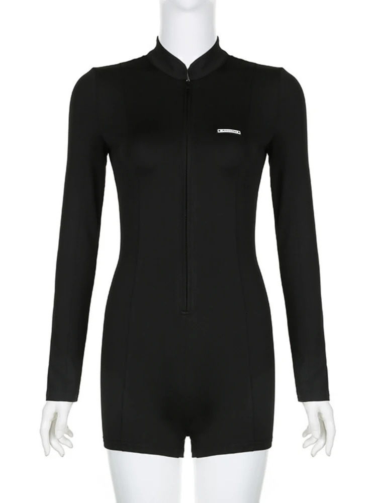 Bodycon Sexy Rompers Jumpsuit Long Sleeve Playsuit Black Ropa De Mujer Zipper Combinaison Femme Y2k Bodysuit 250115