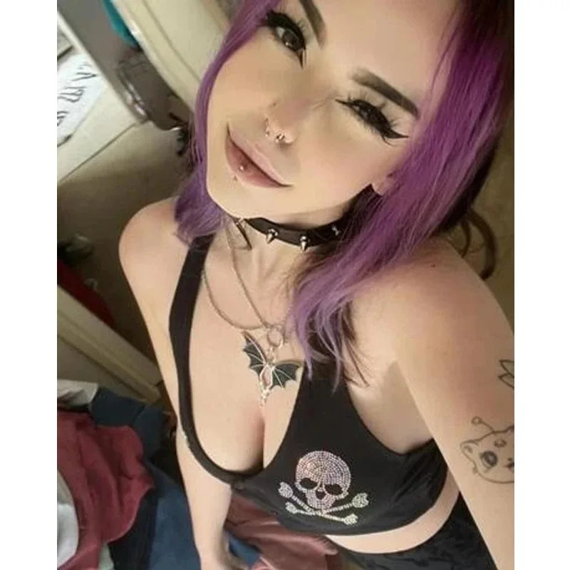Y2k Emo Girl 2000s Goth Skull Rhinestone Tops Halter Grunge Crop Top Sexy Backless Vintage Punk Women Tank Tops 250116