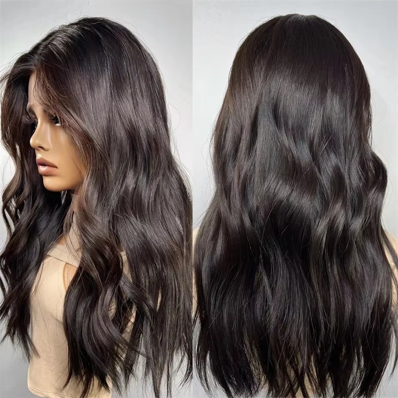 Dark Brunette Brown Full Lace Wig Blonde Highlights 100% Virgin Premium Human Hair 150 Density HD Invisible Lace Front Wavy Wig