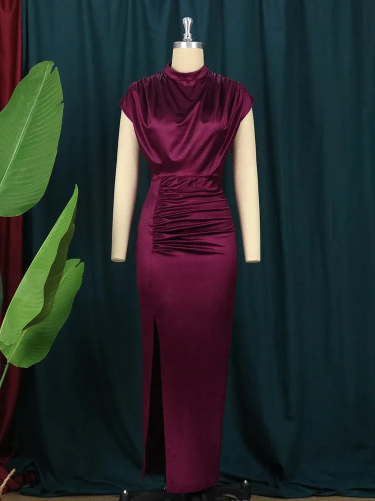 Women Dress Pleated Long Wine Red Elegant Slit High Collar Slim Fit Sleeveless Maxi Robes Female Shiny Gowns Party Spring 250208