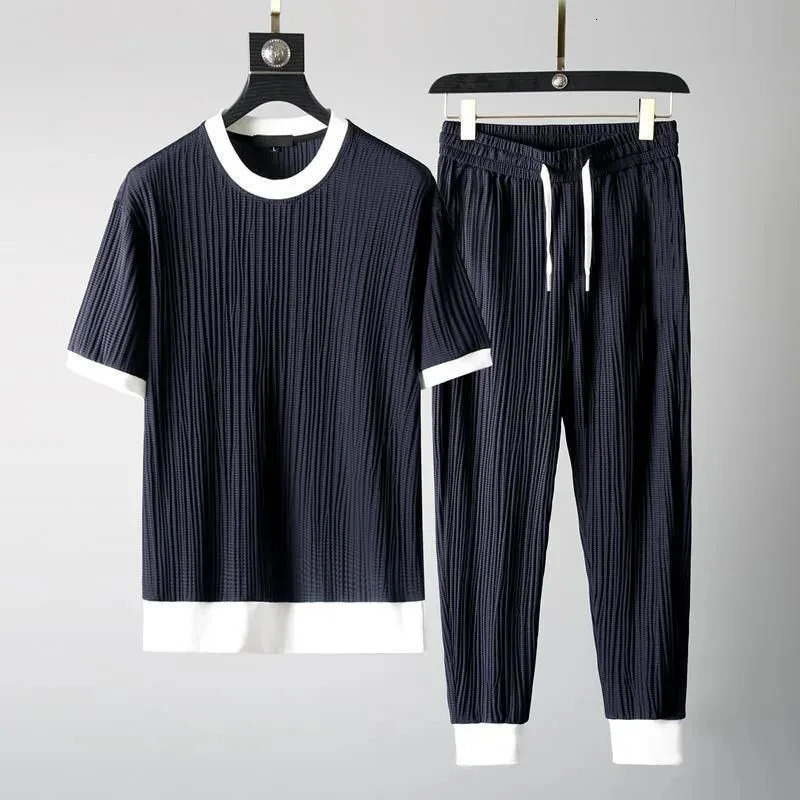 Men Outfit Set Summer Thin Short Sleeve T Shirts 2 Piece Tracksuit Korean Fashion O Neck Pullovers Sport Clothes 250207