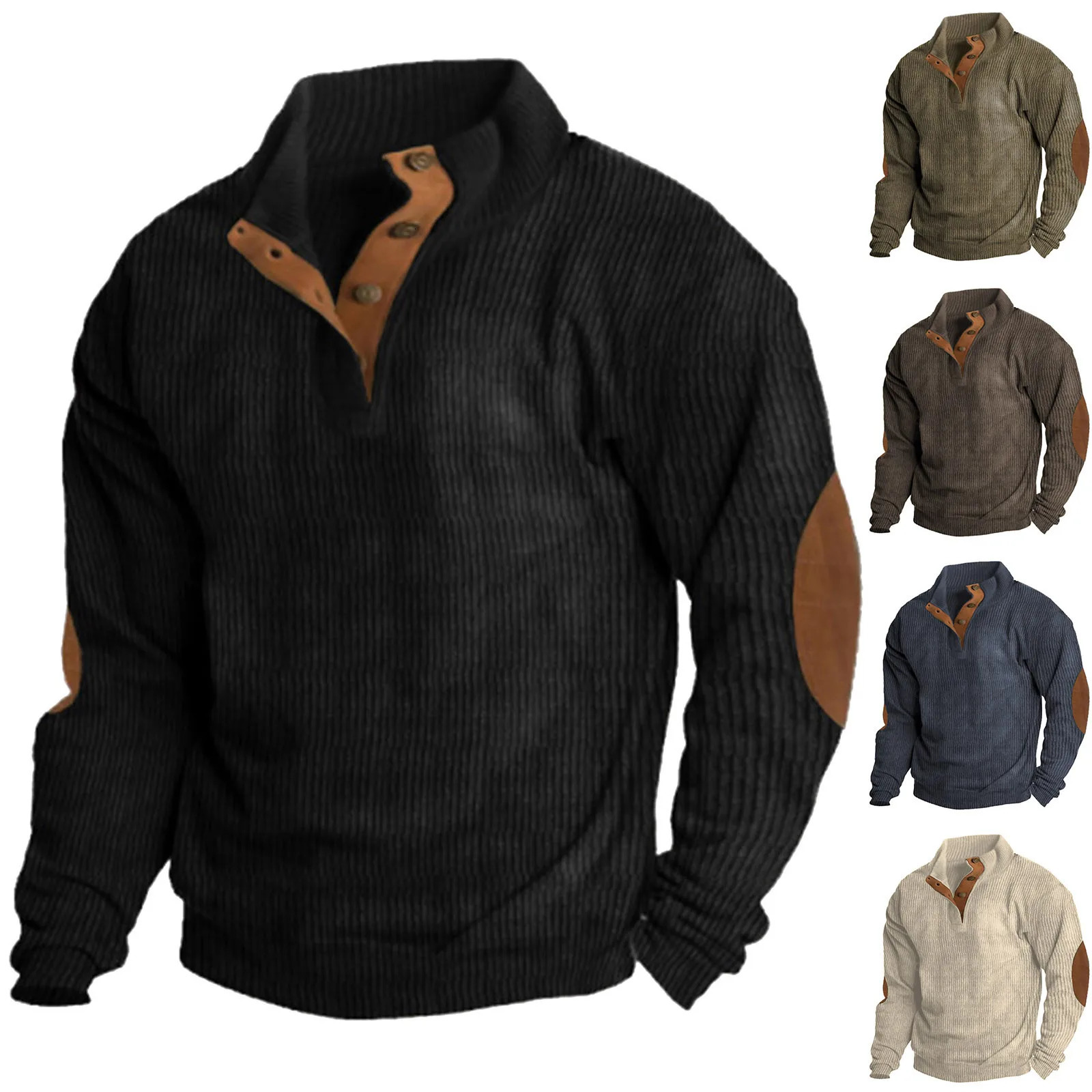 Mens Corduroy Shirt Lapel Collar Button Up Pullover Mock Neck Long Sleeve Sweaters Polo Sweatshirts with Elbow Patches 250207
