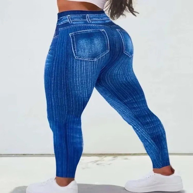 Fashion Plus Size 1XL5XL Womens Sporty Leggings Ladies Casual Denim Print High Rise Slight Stretch 250206