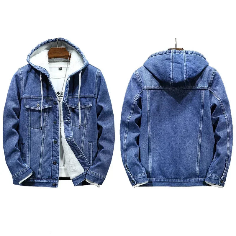 Men Denim Jacket Thick Coats Hooded Drawstring Single Breasted Coat Full Sleeve Casual Simple Pockets Jackets Autumn Winter 250207