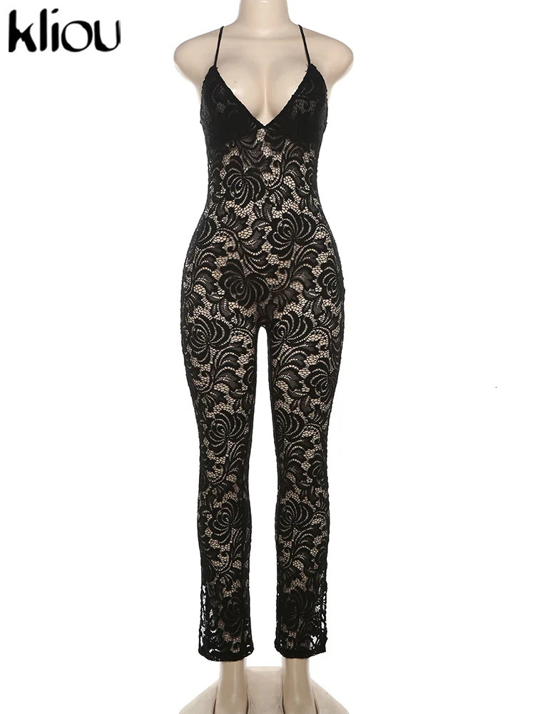 kliou Summer Women AnkleLength Sexy Club Grid Fabric Jumpsuit K24Q47494 Girl Hollow Out Camis Backless Overall 250115