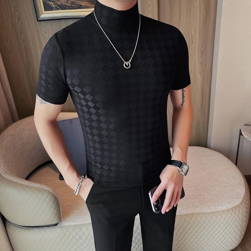 Summer checkered mens Tshirt fashionable clean suitable for short sleeves casual fully matched breathable high neck turtle 250207
