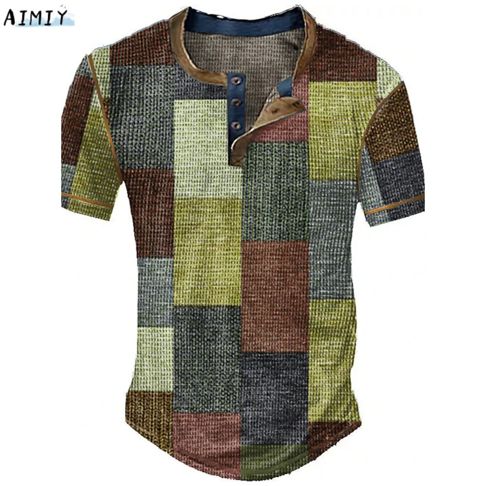 Mens Waffle Henley Oversize Tshirts Man Shirt Graphic Plaid Color Block Clothing Apparel 3D Print Short Sleeve Button Fashion 250207