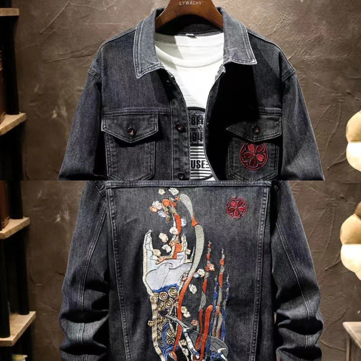 Trendy Embroidered European Street Loose Denim Jacket Men Black Vintage Ripped Work Printed Letter Top Cotton Mens Fashion 250207
