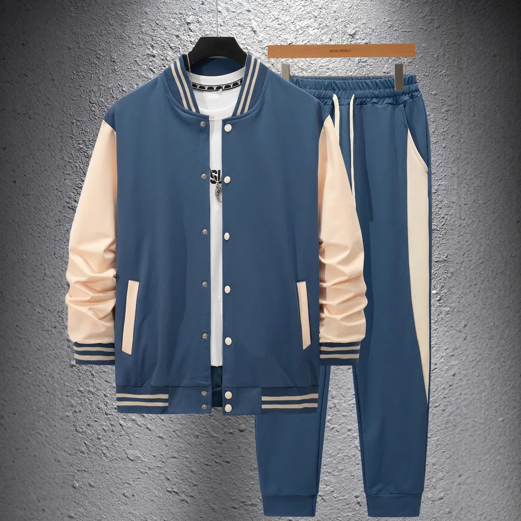 Autumn and winter thick baseball suit casual mens stand collar cardigan coat matching color sports long sleeve pants suit 250208